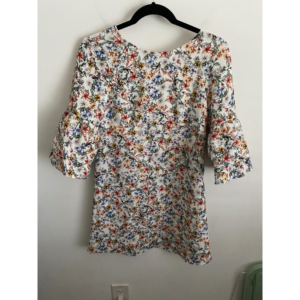 Zara Basic Floral Mini Dress Bell Sleeve Wildflower Print White XS Made in Spain